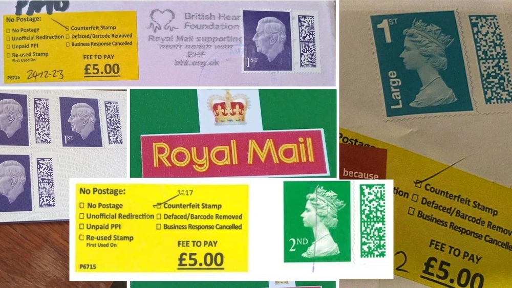 royal mail counterfeit stamp labels and first and second class stamps
